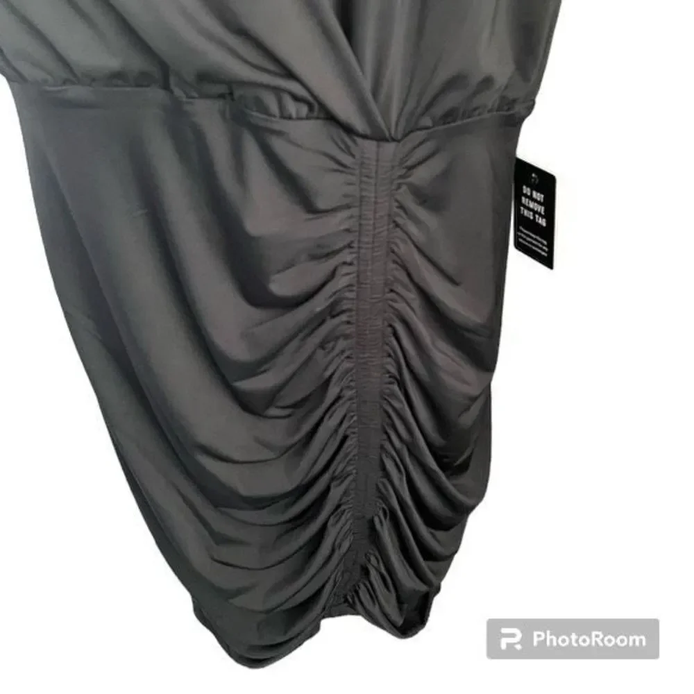 ✨NWT Express Faux Wrap V-Neck Ruched Sheath Black Sz Large Dress✨ - Picture 11 of 12